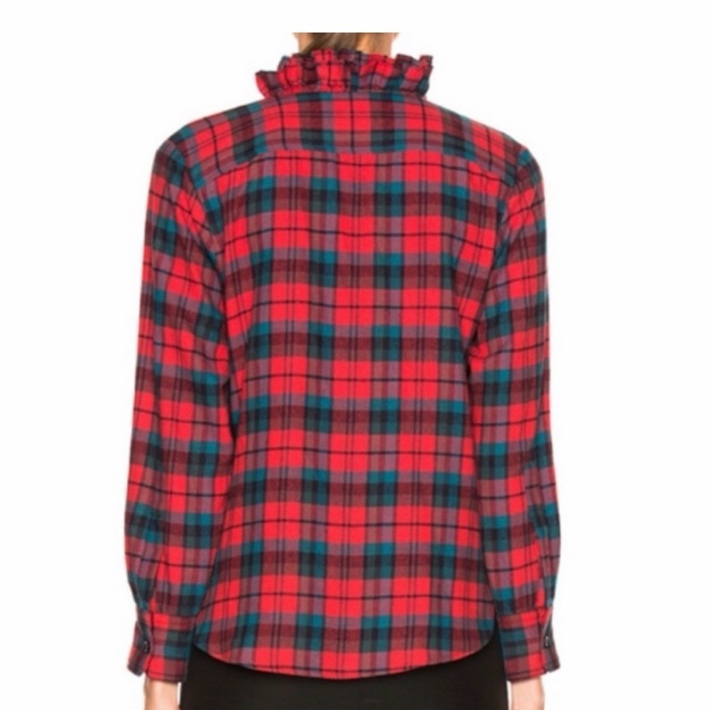 Isabel Marant Etoile Red and Green Plaid Button-Front Top with Ruffled Collar - Picture 2 of 6